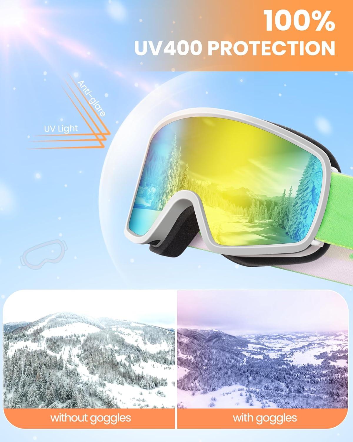 imageOutdoorMaster Kids Ski Goggles OTG Snowboard Goggles with 100 UV Protection Kids Snow Goggles for Boys Girls ToddlerVlt 102 Revo Gold Lens