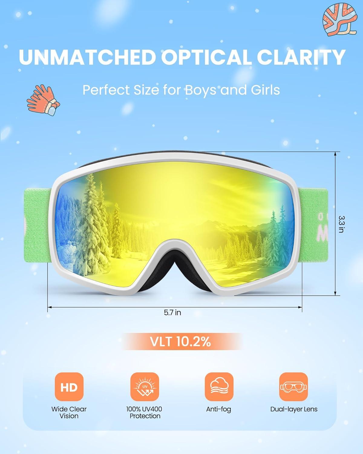 imageOutdoorMaster Kids Ski Goggles OTG Snowboard Goggles with 100 UV Protection Kids Snow Goggles for Boys Girls ToddlerVlt 102 Revo Gold Lens