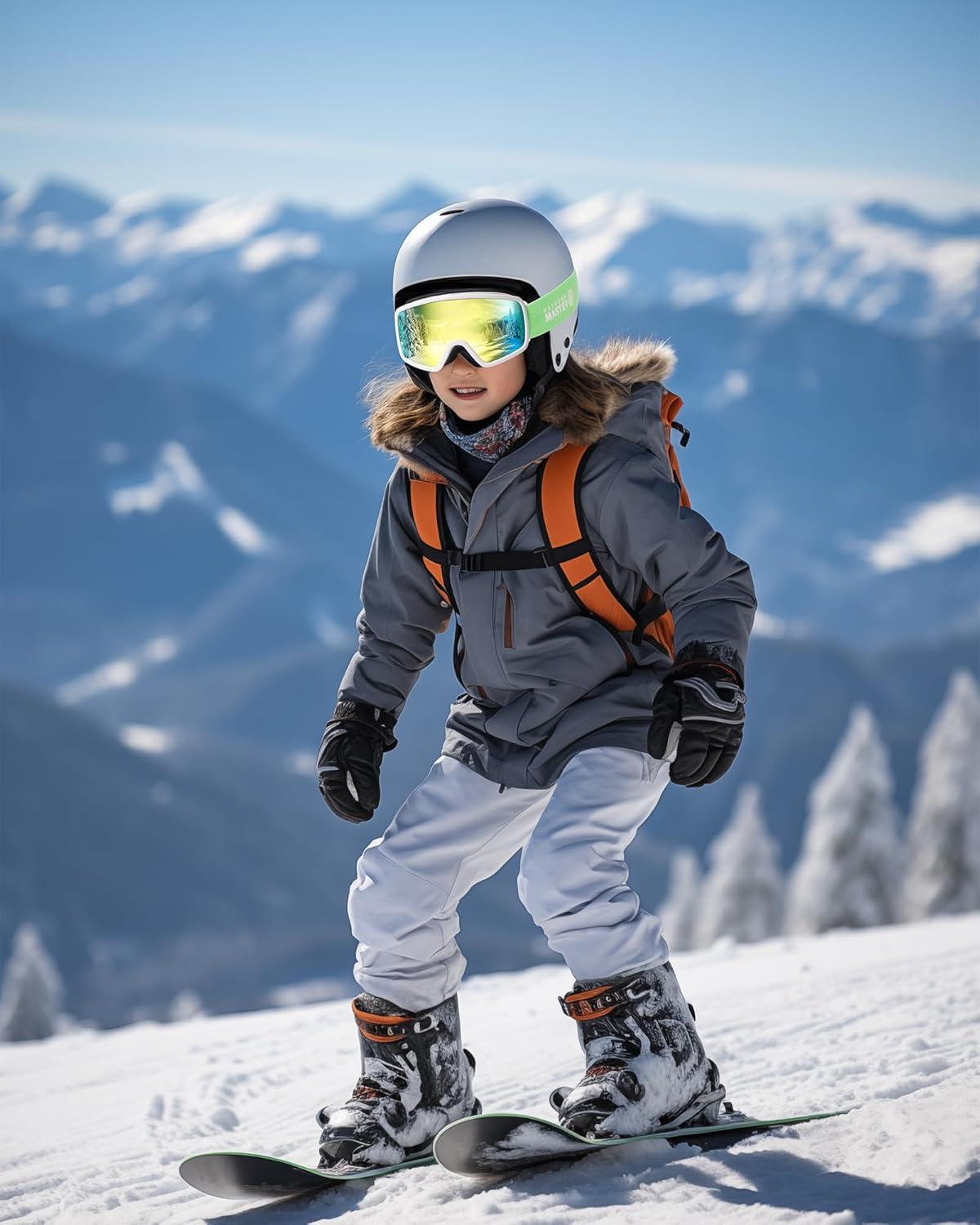 imageOutdoorMaster Kids Ski Goggles OTG Snowboard Goggles with 100 UV Protection Kids Snow Goggles for Boys Girls ToddlerVlt 102 Revo Gold Lens