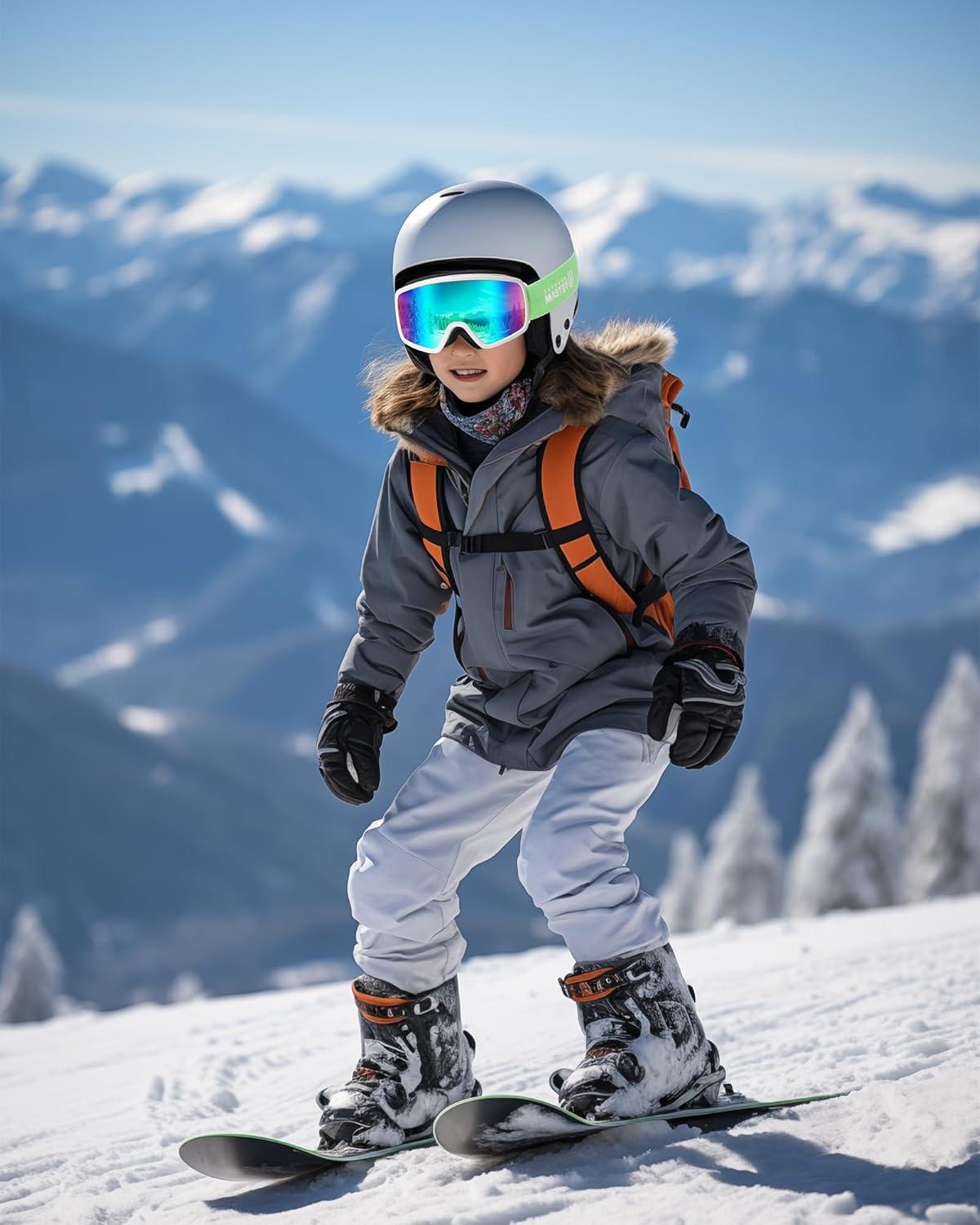 imageOutdoorMaster Kids Ski Goggles OTG Snowboard Goggles with 100 UV Protection Kids Snow Goggles for Boys Girls ToddlerVlt 12 Revo Green Lens