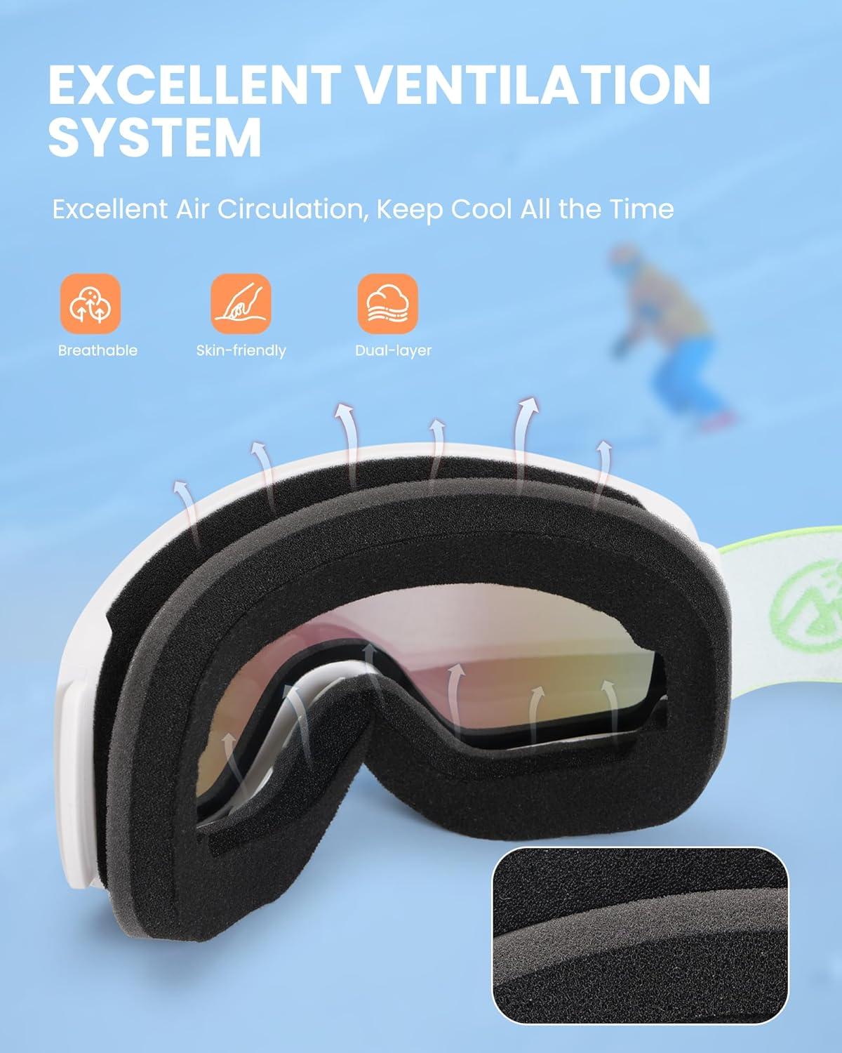 imageOutdoorMaster Kids Ski Goggles OTG Snowboard Goggles with 100 UV Protection Kids Snow Goggles for Boys Girls ToddlerVlt 12 Revo Green Lens