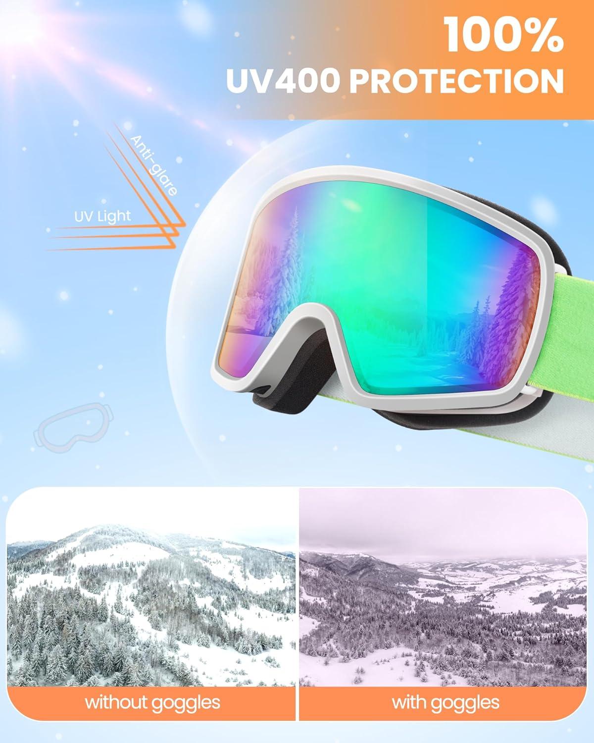 imageOutdoorMaster Kids Ski Goggles OTG Snowboard Goggles with 100 UV Protection Kids Snow Goggles for Boys Girls ToddlerVlt 12 Revo Green Lens