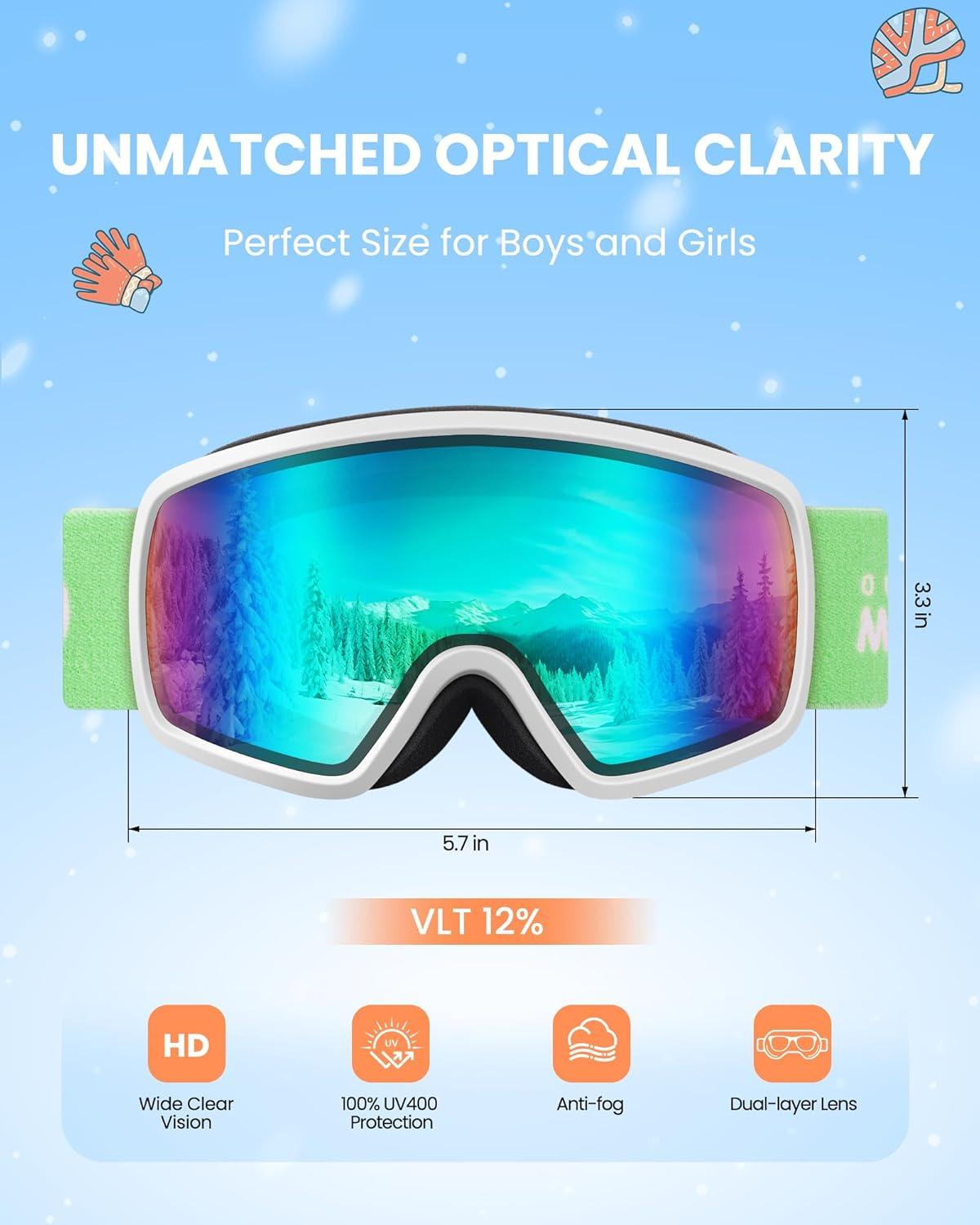 imageOutdoorMaster Kids Ski Goggles OTG Snowboard Goggles with 100 UV Protection Kids Snow Goggles for Boys Girls ToddlerVlt 12 Revo Green Lens