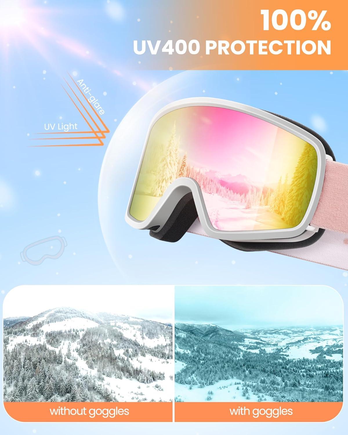 imageOutdoorMaster Kids Ski Goggles OTG Snowboard Goggles with 100 UV Protection Kids Snow Goggles for Boys Girls ToddlerVlt 139 Revo Pink Lens
