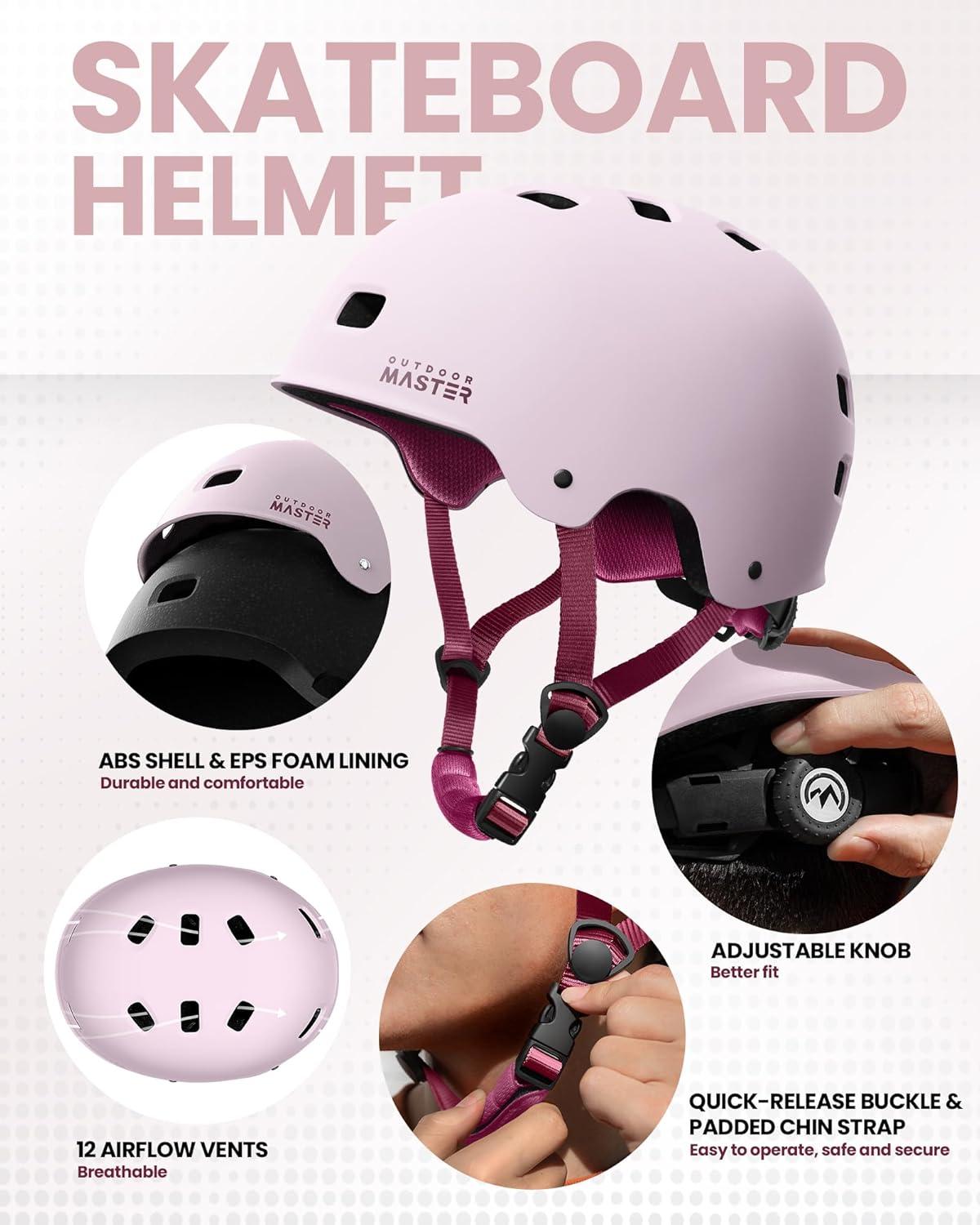 imageOutdoorMaster Skate Protective Gear Set for Adult ampamp Youth Skateboard Helmet Knee and Elbow Pads with Wrist Guards for Scooter Inline Roller Skating SkateboardingPink Pink