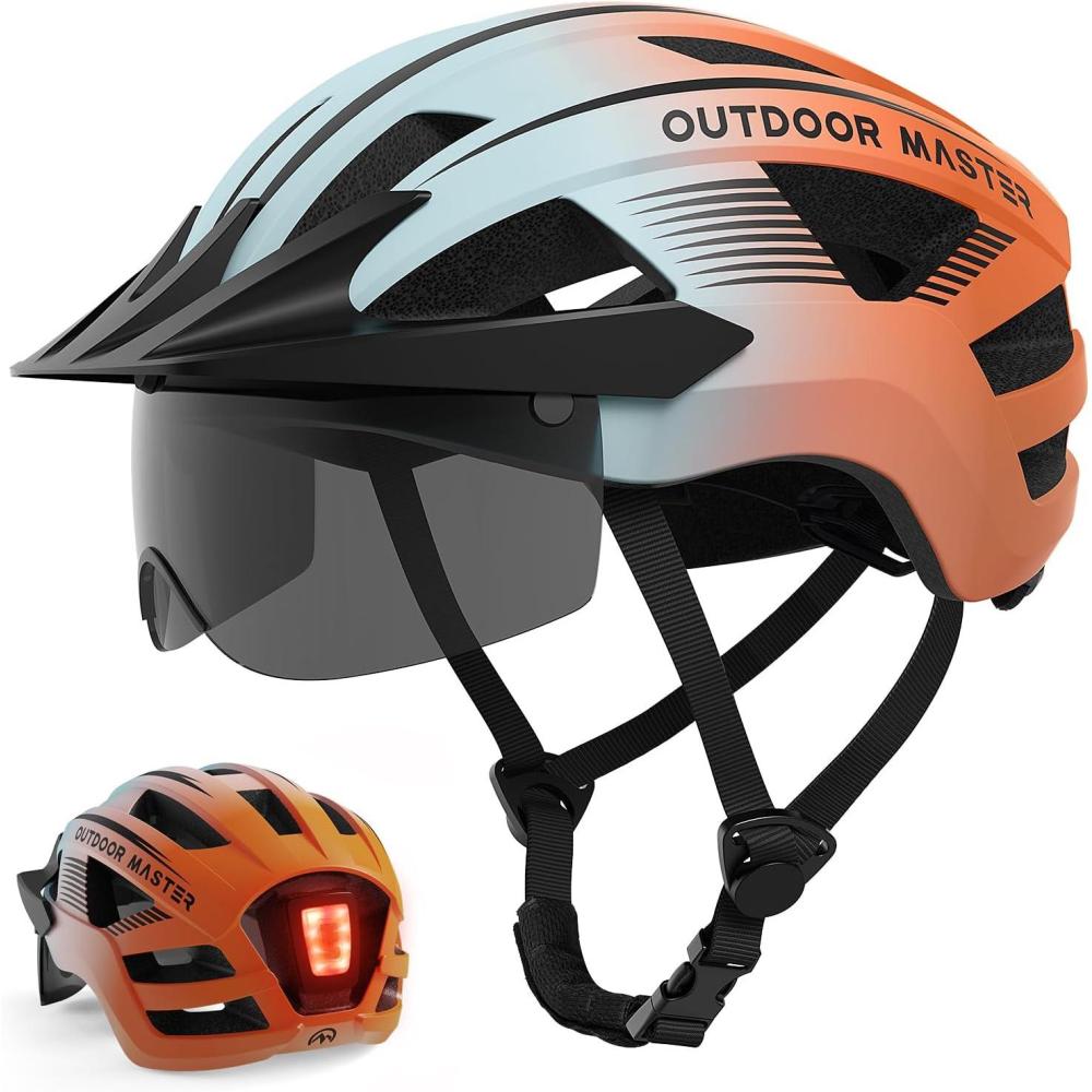 imageOutdoorMaster Adult Bike Helmet  Bicycle Helmet with Rechargeable Rear LED Light Detachable Magnetic Goggles Removable Sun Visor  Suitable for Commuting and Cycling for Men and WomenGradient Blue Orange