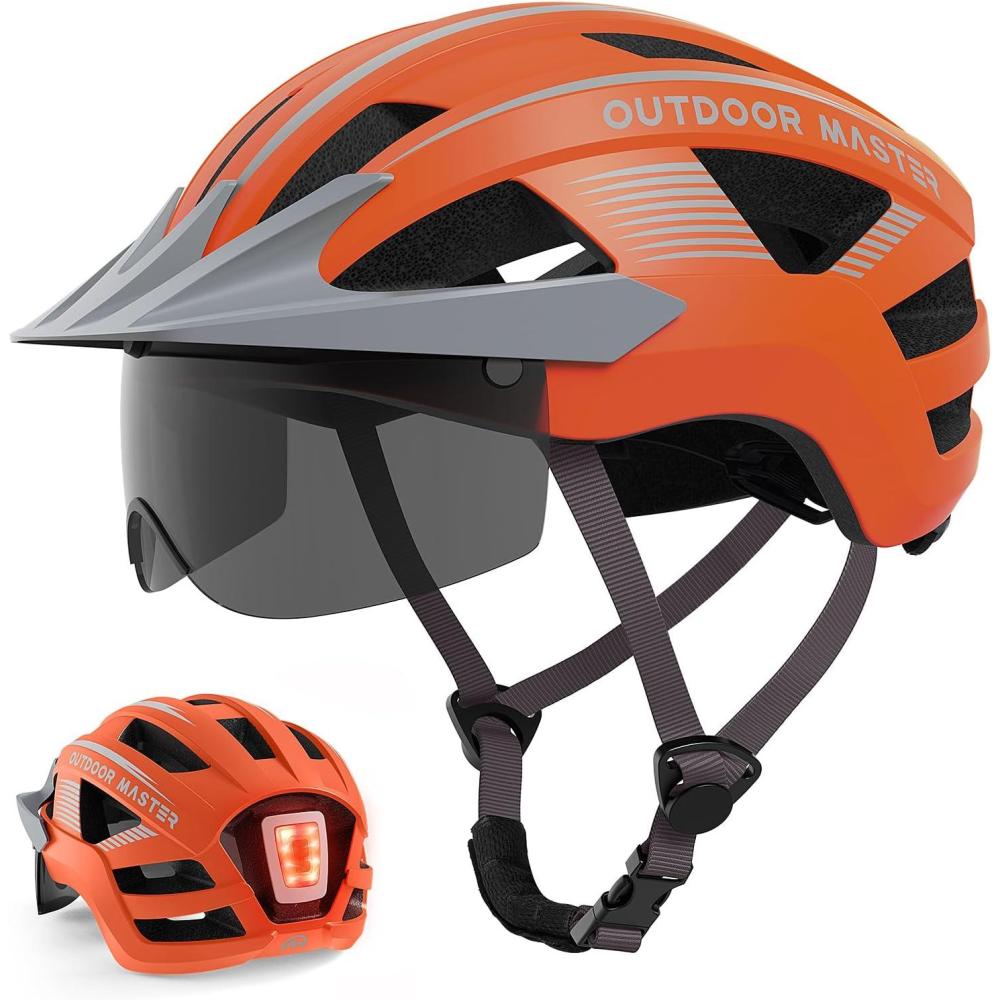 imageOutdoorMaster Adult Bike Helmet  Bicycle Helmet with Rechargeable Rear LED Light Detachable Magnetic Goggles Removable Sun Visor  Suitable for Commuting and Cycling for Men and WomenMatte Orange