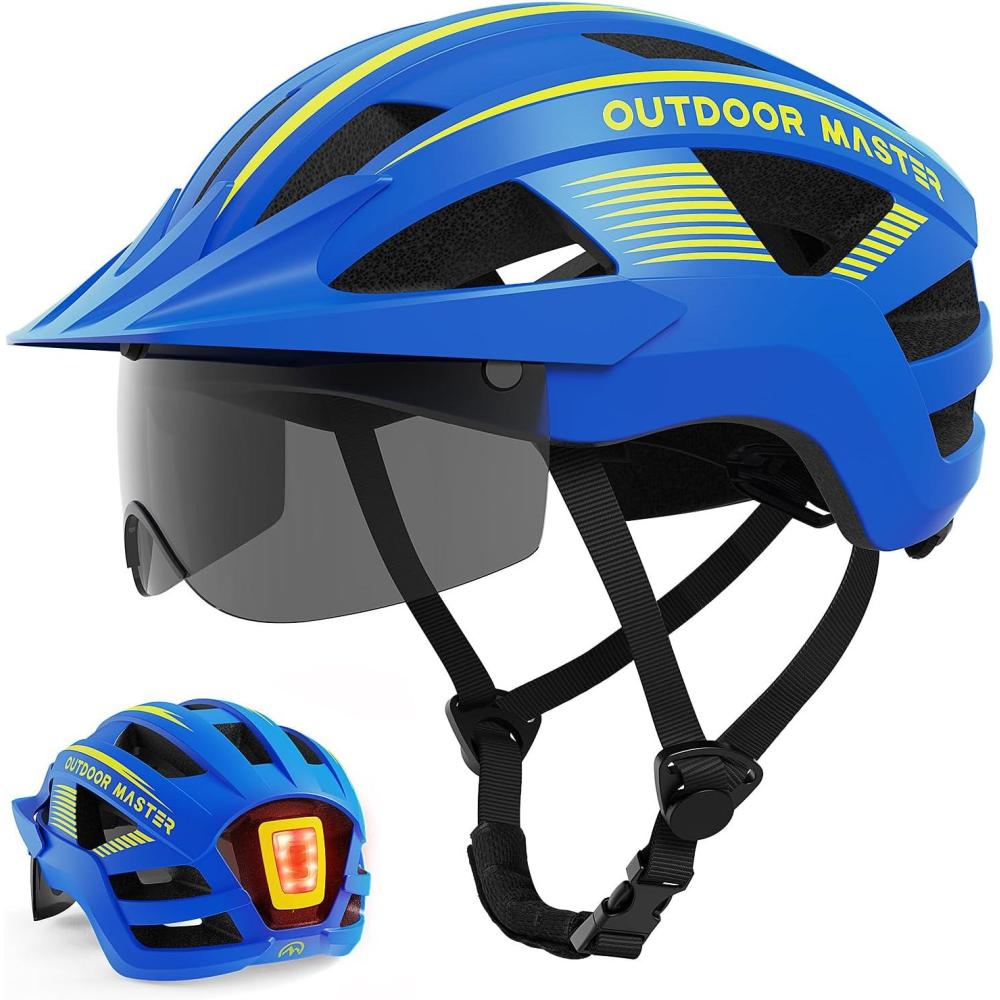 imageOutdoorMaster Adult Bike Helmet  Bicycle Helmet with Rechargeable Rear LED Light Detachable Magnetic Goggles Removable Sun Visor  Suitable for Commuting and Cycling for Men and WomenOcean Blue