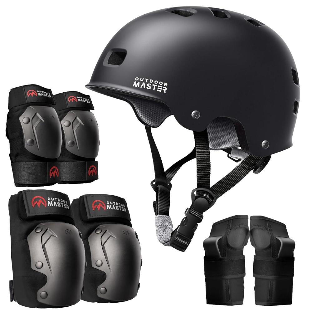 imageOutdoorMaster Skate Protective Gear Set for Adult ampamp Youth Skateboard Helmet Knee and Elbow Pads with Wrist Guards for Scooter Inline Roller Skating SkateboardingBlack  Black