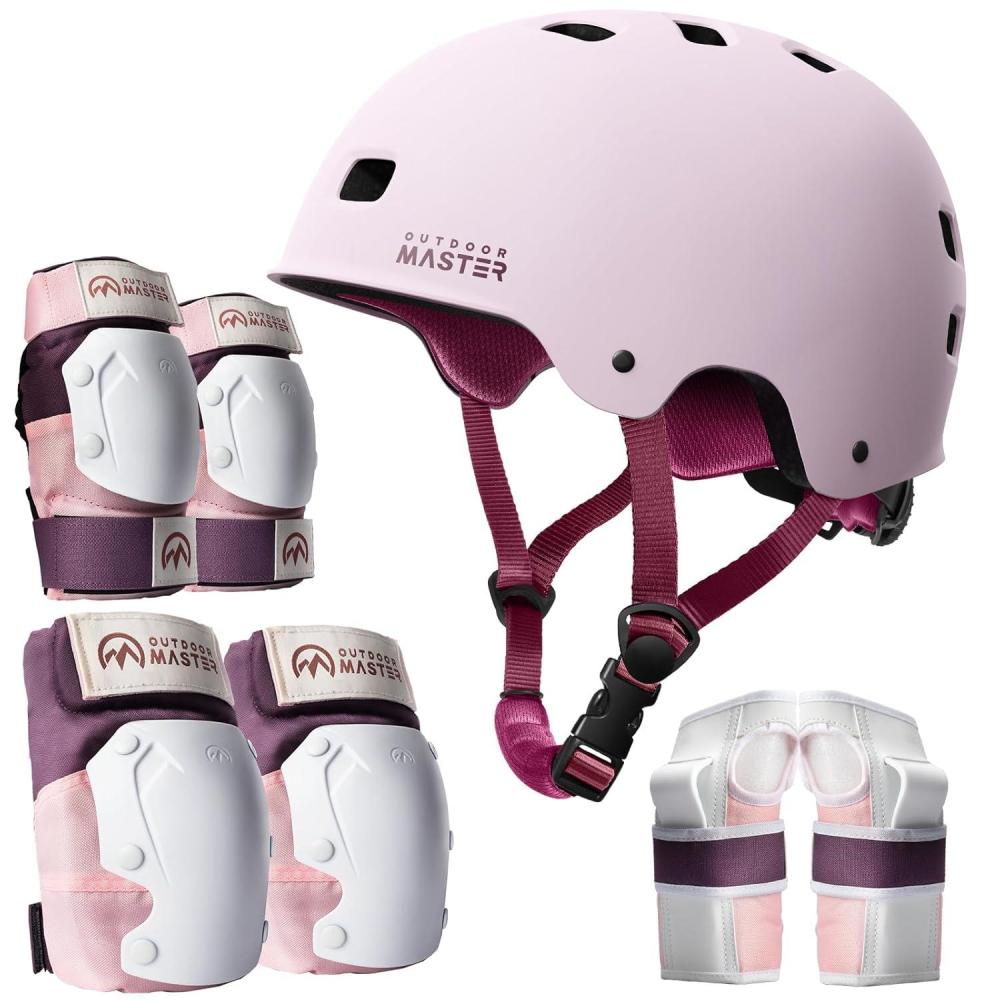 imageOutdoorMaster Skate Protective Gear Set for Adult ampamp Youth Skateboard Helmet Knee and Elbow Pads with Wrist Guards for Scooter Inline Roller Skating SkateboardingPink Pink