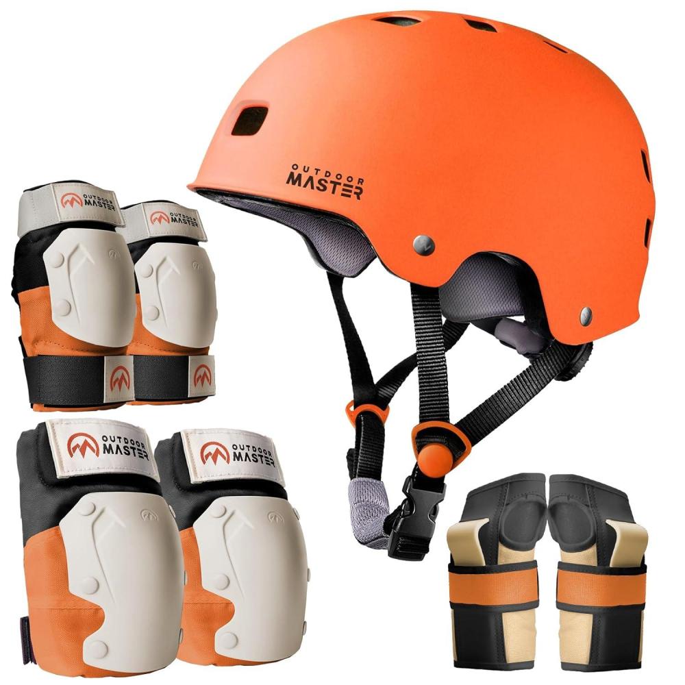 imageOutdoorMaster Skate Protective Gear Set for Adult ampamp Youth Skateboard Helmet Knee and Elbow Pads with Wrist Guards for Scooter Inline Roller Skating SkateboardingOrange Orange