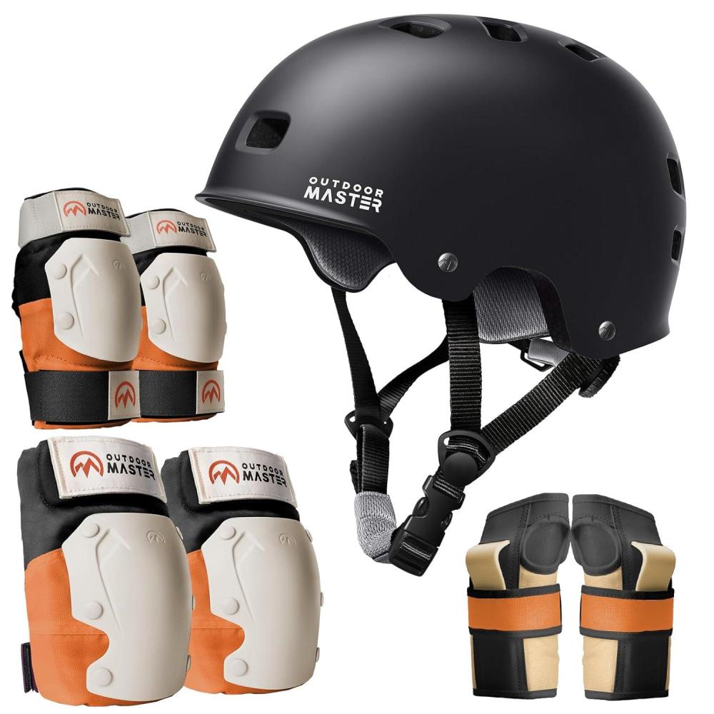 imageOutdoorMaster Skate Protective Gear Set for Adult ampamp Youth Skateboard Helmet Knee and Elbow Pads with Wrist Guards for Scooter Inline Roller Skating SkateboardingBlack Orange