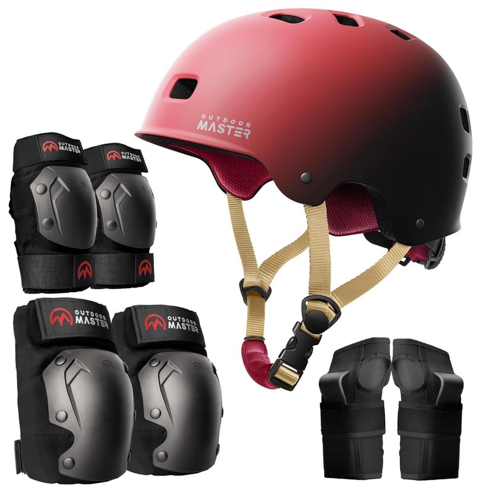 imageOutdoorMaster Skate Protective Gear Set for Adult ampamp Youth Skateboard Helmet Knee and Elbow Pads with Wrist Guards for Scooter Inline Roller Skating SkateboardingRed Black
