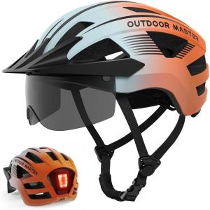 OutdoorMaster Adult Bike Helmet – Bicycle Helmet with Rechargeable Rear LED Light, Detachable Magnetic Goggles, Removable Sun Visor – Suitable for Commuting and Cycling for Men and Women(Gradient Blue Orange)
