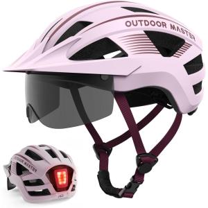 OutdoorMaster Adult Bike Helmet – Bicycle Helmet with Rechargeable Rear LED Light, Detachable Magnetic Goggles, Removable Sun Visor – Suitable for Commuting and Cycling for Men and Women(Misty Sakura)