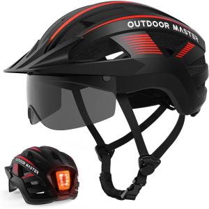 OutdoorMaster Adult Bike Helmet – Bicycle Helmet with Rechargeable Rear LED Light, Detachable Magnetic Goggles, Removable Sun Visor – Suitable for Commuting and Cycling for Men and Women(Matte Red Black)