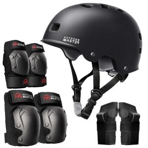 OutdoorMaster Skate Protective Gear Set for Adult & Youth, Skateboard Helmet Knee and Elbow Pads with Wrist Guards for Scooter, Inline Roller Skating, Skateboarding(Black + Black)