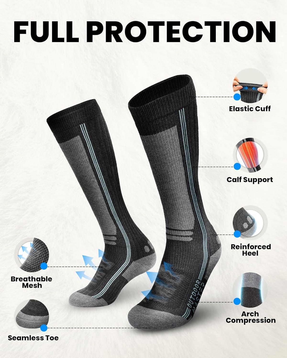 imageOutdoorMaster Thermolite Merino Wool Ski Socks Compression Thermal Snowboarding Socks for Men amp Women Cold WeatherBlackgraycyan
