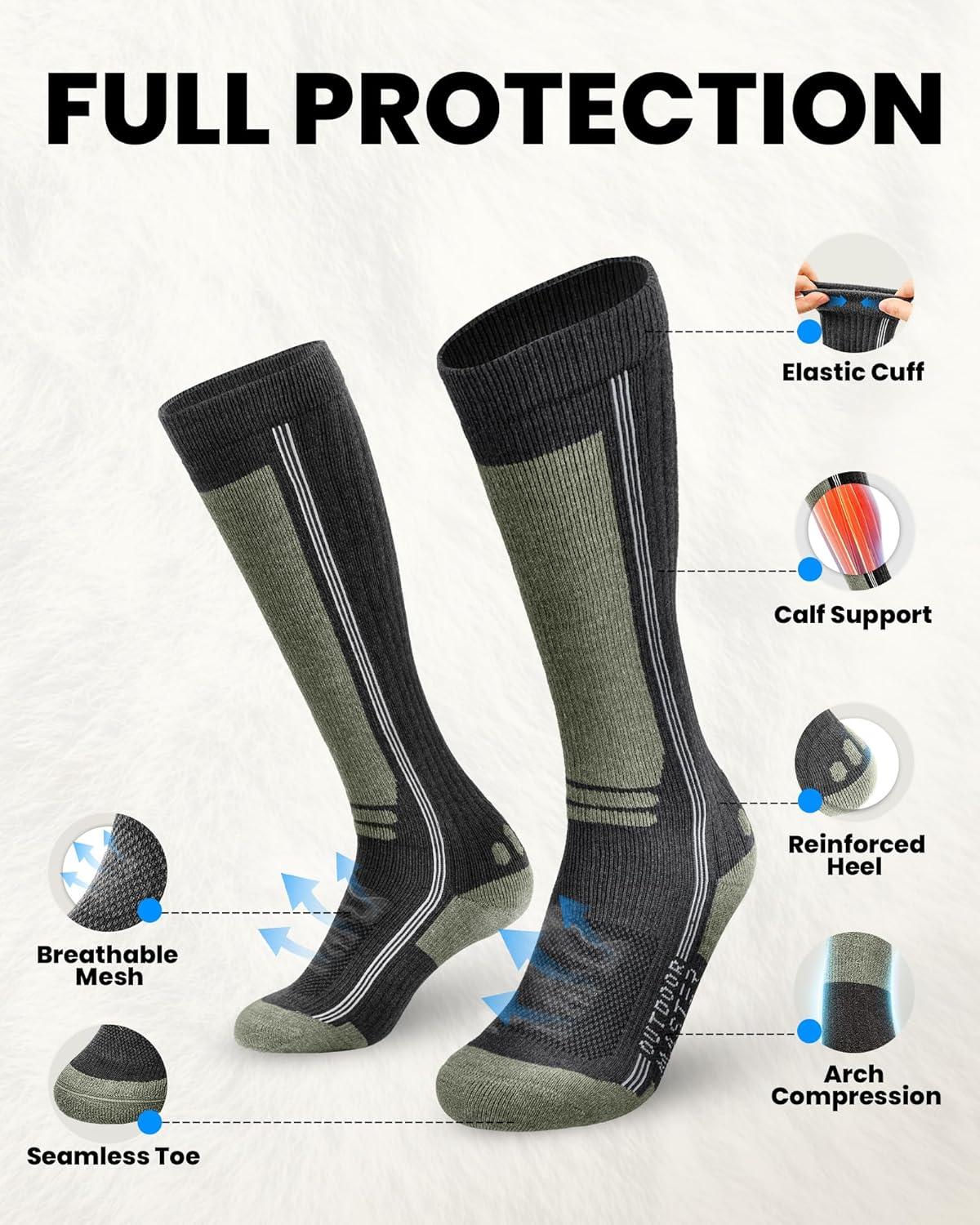 imageOutdoorMaster Thermolite Merino Wool Ski Socks Compression Thermal Snowboarding Socks for Men amp Women Cold WeatherGraygreencyanblue