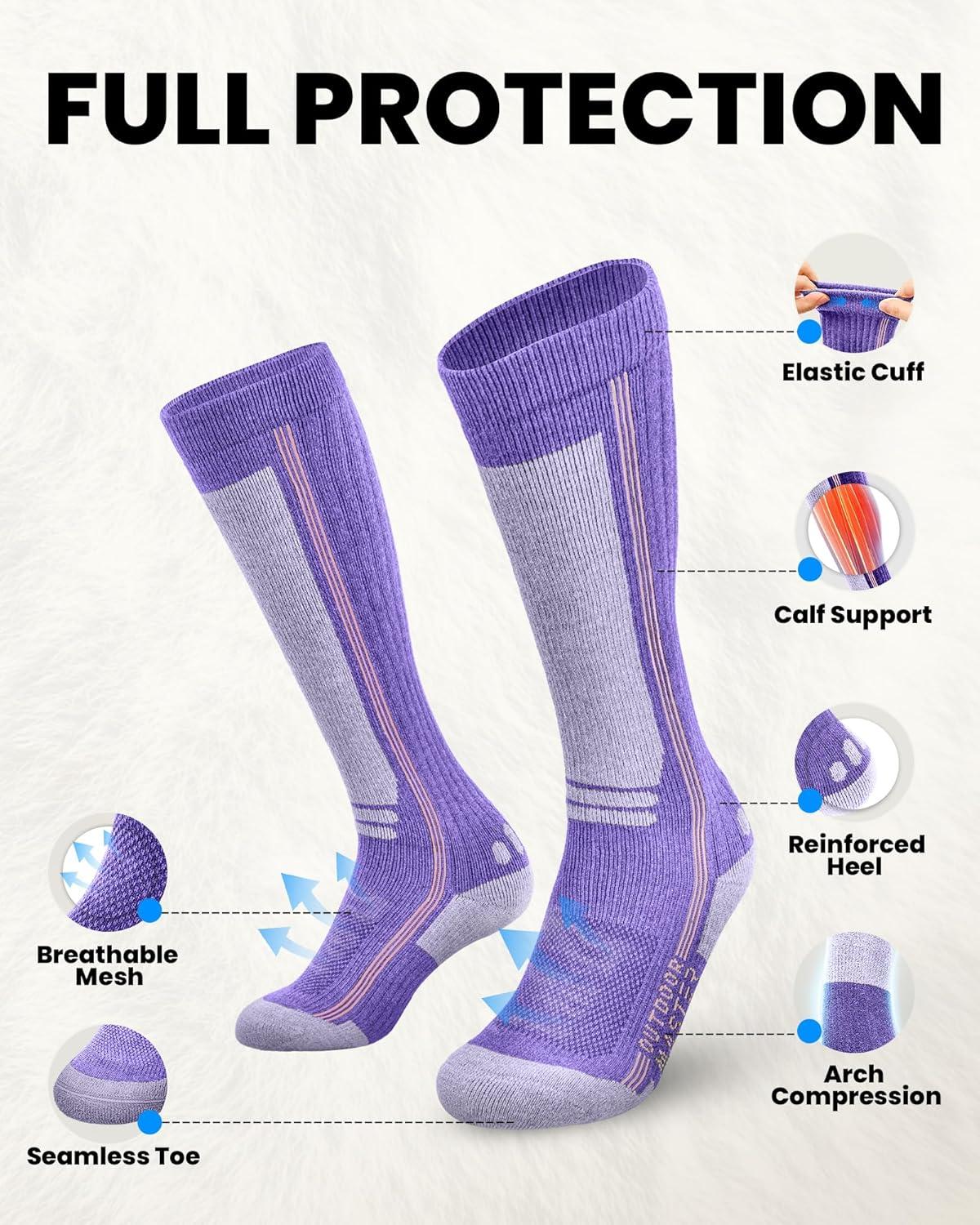 imageOutdoorMaster Thermolite Merino Wool Ski Socks Compression Thermal Snowboarding Socks for Men amp Women Cold WeatherPurplepink