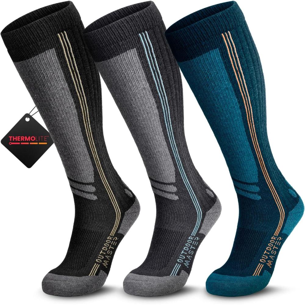 imageOutdoorMaster Thermolite Merino Wool Ski Socks Compression Thermal Snowboarding Socks for Men amp Women Cold WeatherBlackgraycyan