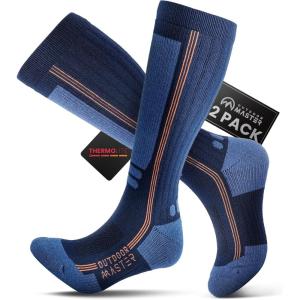 OutdoorMaster Thermolite Merino Wool Ski Socks, Compression Thermal Snowboarding Socks for Men & Women, Cold Weather(Blue)