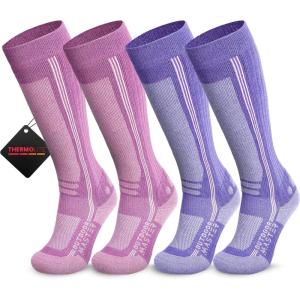 OutdoorMaster Thermolite Merino Wool Ski Socks, Compression Thermal Snowboarding Socks for Men & Women, Cold Weather(Purple+pink)