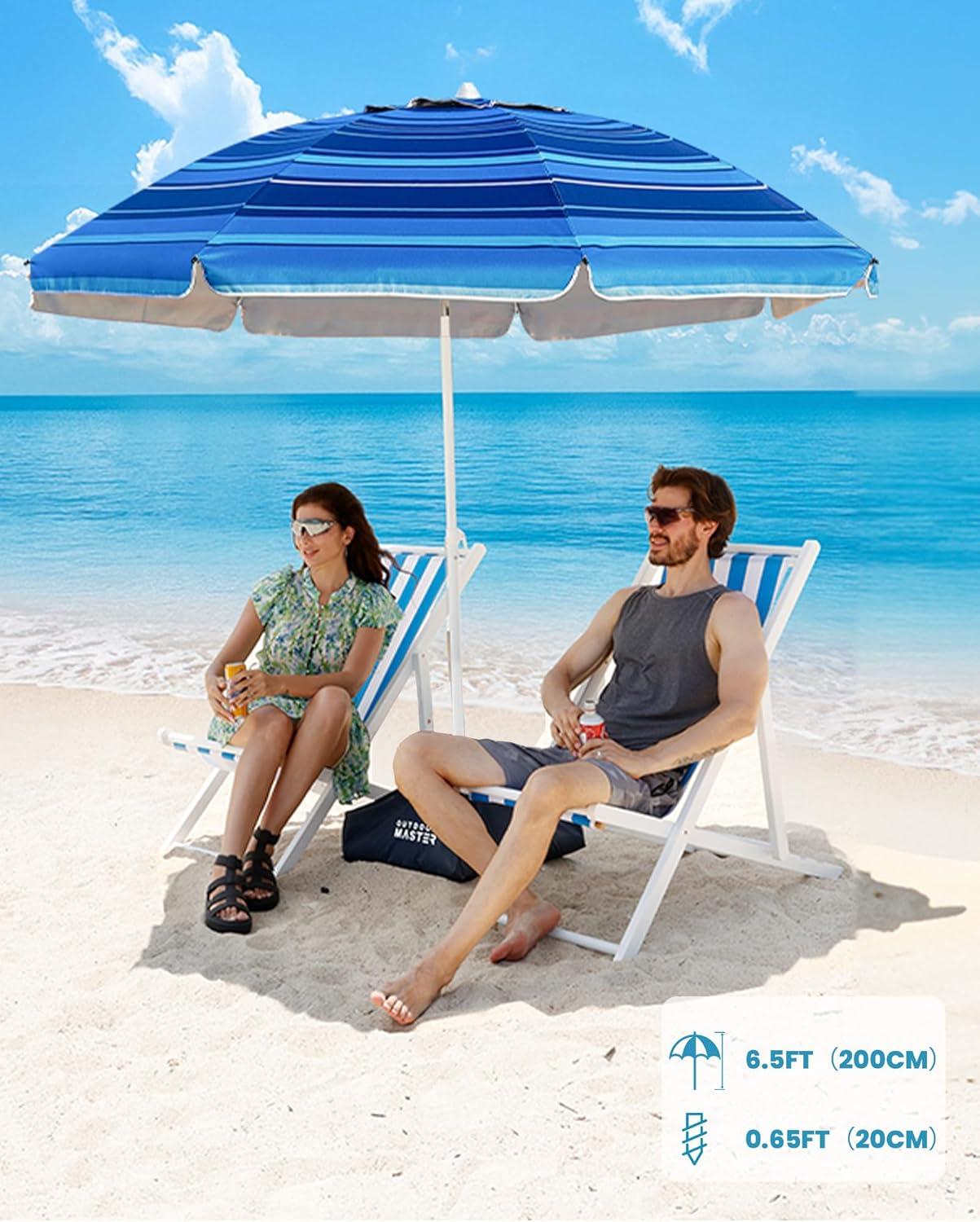 imageOutdoorMaster Beach Umbrellas for Sand with Sandbag amp Anchor 72ft Adjustable Umbrella for Beach Heavy Duty Wind Portable UPF50 Sunshade with Carry Bag for PatioDark Blue Striped Simple