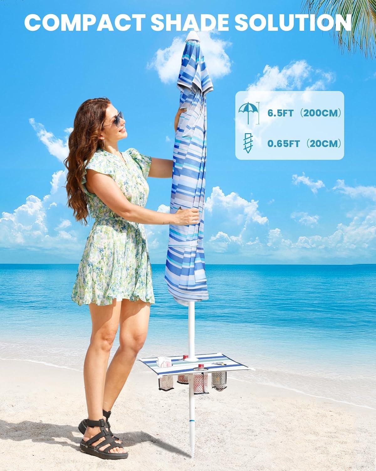 imageOutdoorMaster Beach Umbrellas for Sand with Sandbag amp Anchor 72ft Adjustable Umbrella for Beach Heavy Duty Wind Portable UPF50 Sunshade with Carry Bag for PatioBlue White Striped Cup Holder