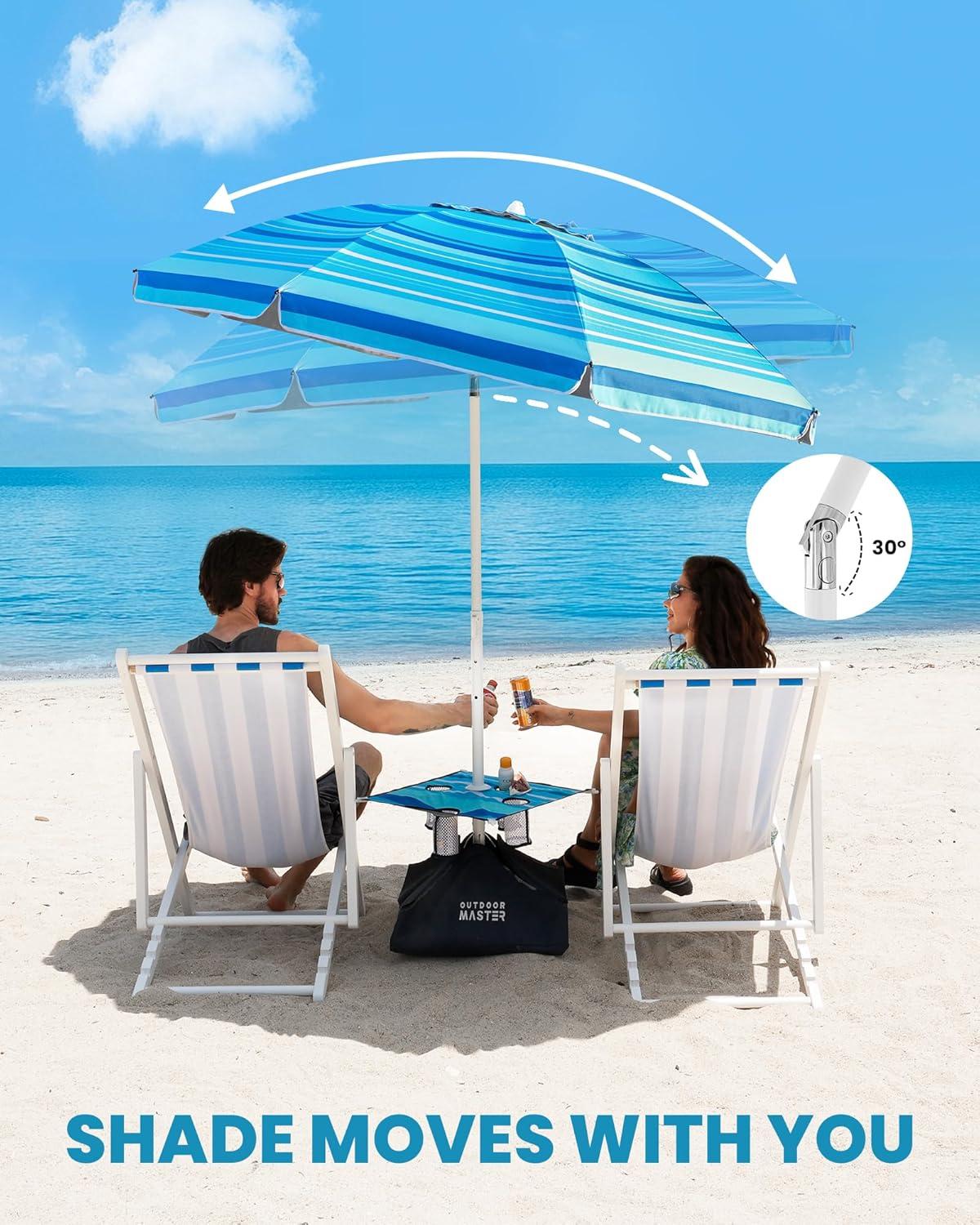 imageOutdoorMaster Beach Umbrellas for Sand with Sandbag amp Anchor 72ft Adjustable Umbrella for Beach Heavy Duty Wind Portable UPF50 Sunshade with Carry Bag for PatioLight Blue Striped Cup Holder