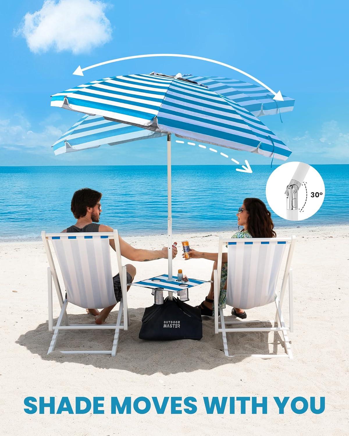 imageOutdoorMaster Beach Umbrellas for Sand with Sandbag amp Anchor 72ft Adjustable Umbrella for Beach Heavy Duty Wind Portable UPF50 Sunshade with Carry Bag for PatioBlue Striped Cup Holder