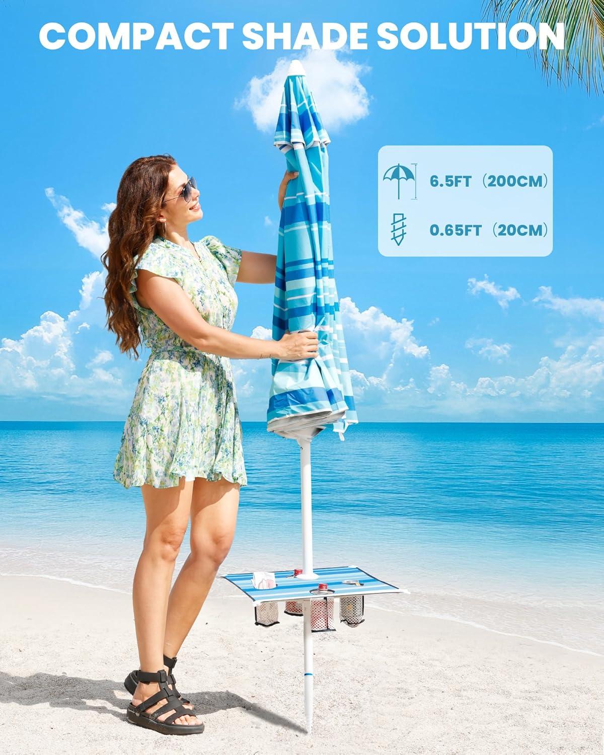 imageOutdoorMaster Beach Umbrellas for Sand with Sandbag amp Anchor 72ft Adjustable Umbrella for Beach Heavy Duty Wind Portable UPF50 Sunshade with Carry Bag for PatioLight Blue Striped Cup Holder