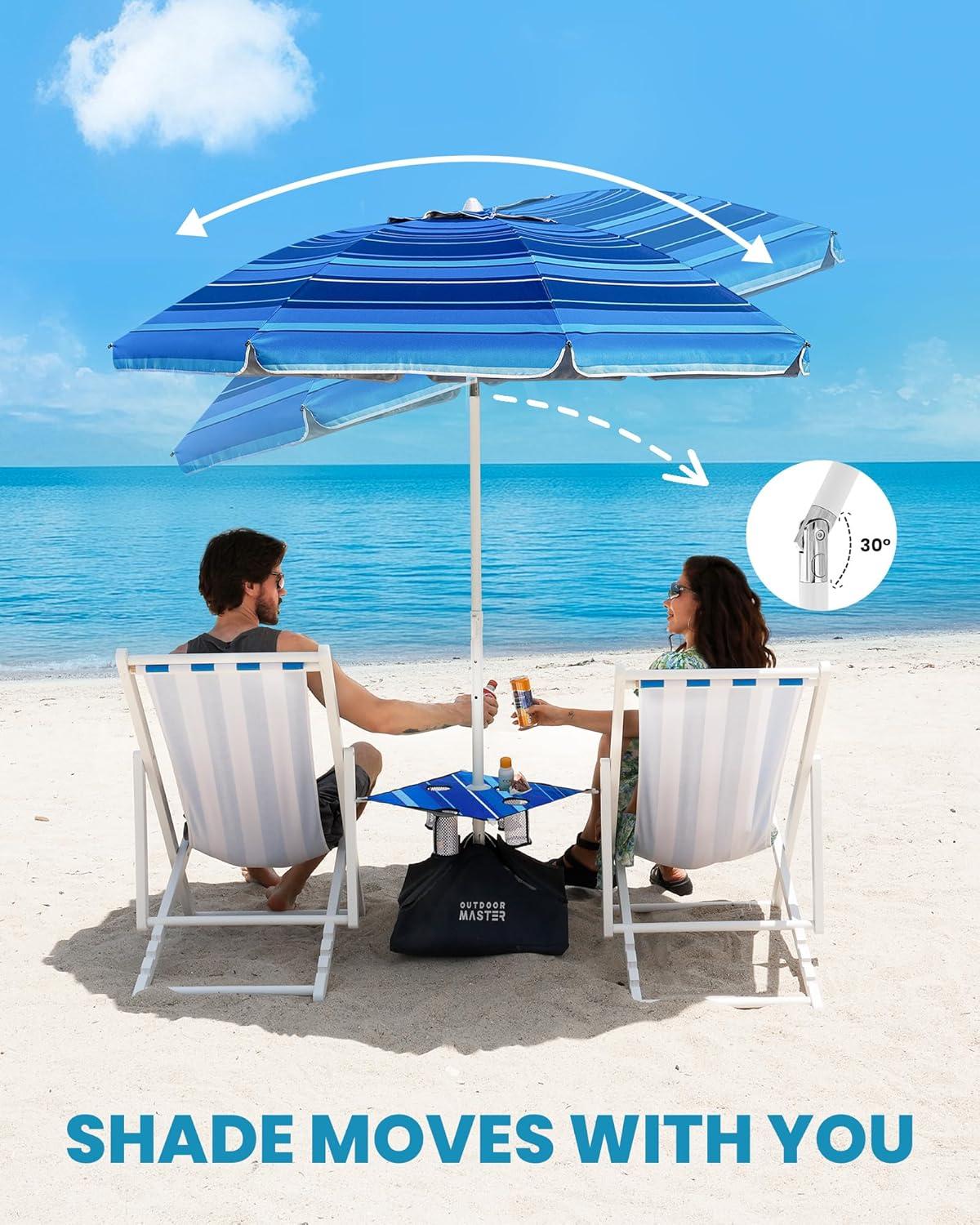 imageOutdoorMaster Beach Umbrellas for Sand with Sandbag amp Anchor 72ft Adjustable Umbrella for Beach Heavy Duty Wind Portable UPF50 Sunshade with Carry Bag for PatioDark Blue Striped Cup Holder