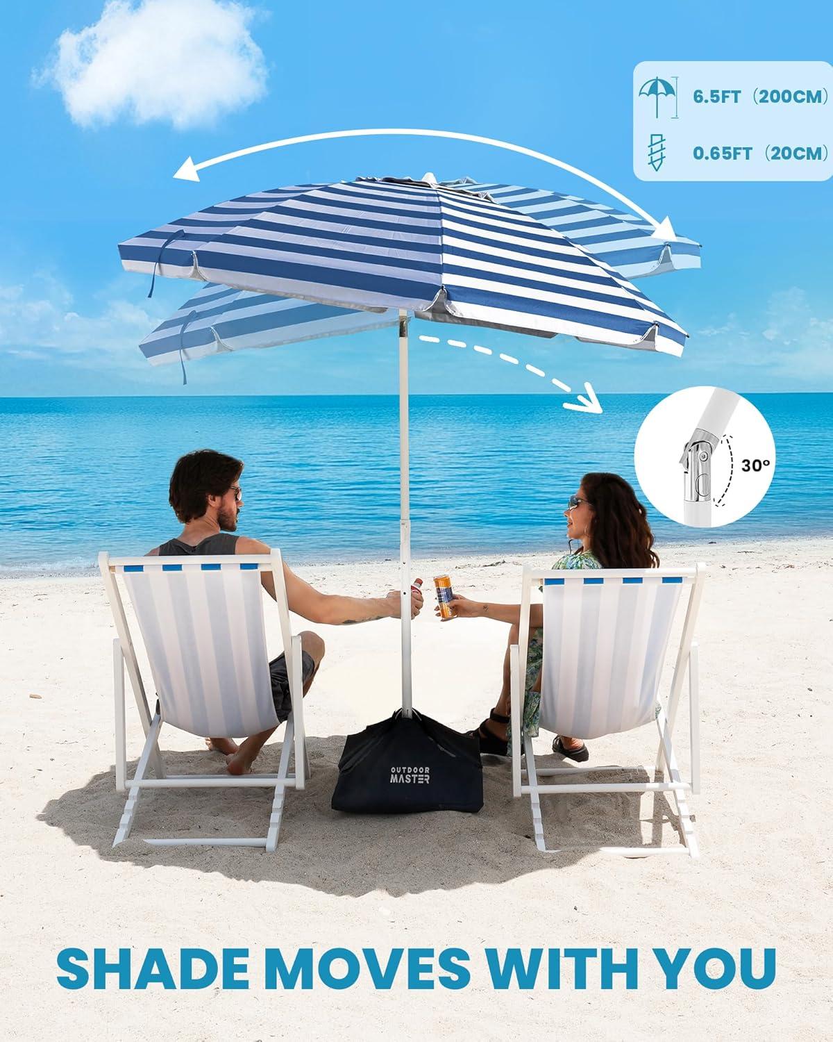 imageOutdoorMaster Beach Umbrellas for Sand with Sandbag amp Anchor 72ft Adjustable Umbrella for Beach Heavy Duty Wind Portable UPF50 Sunshade with Carry Bag for PatioAGray Striped Dual Fold