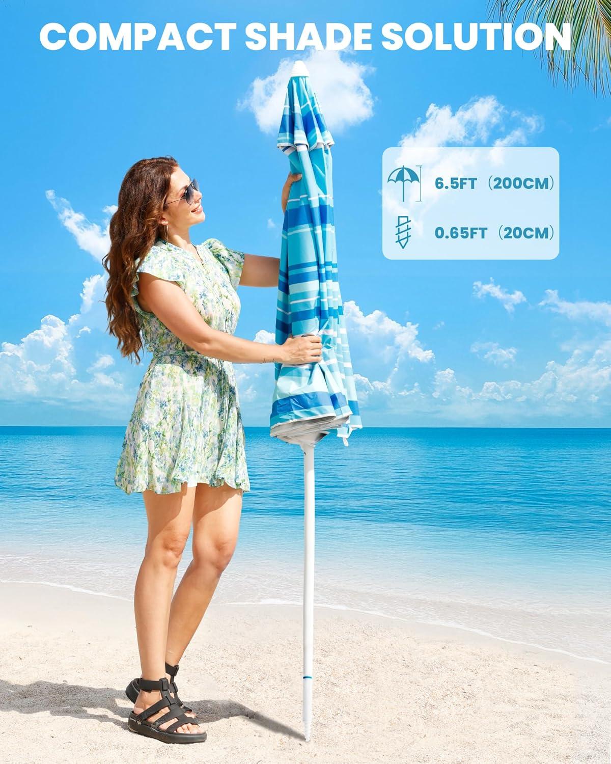 imageOutdoorMaster Beach Umbrellas for Sand with Sandbag amp Anchor 72ft Adjustable Umbrella for Beach Heavy Duty Wind Portable UPF50 Sunshade with Carry Bag for PatioLight Blue Striped Simple
