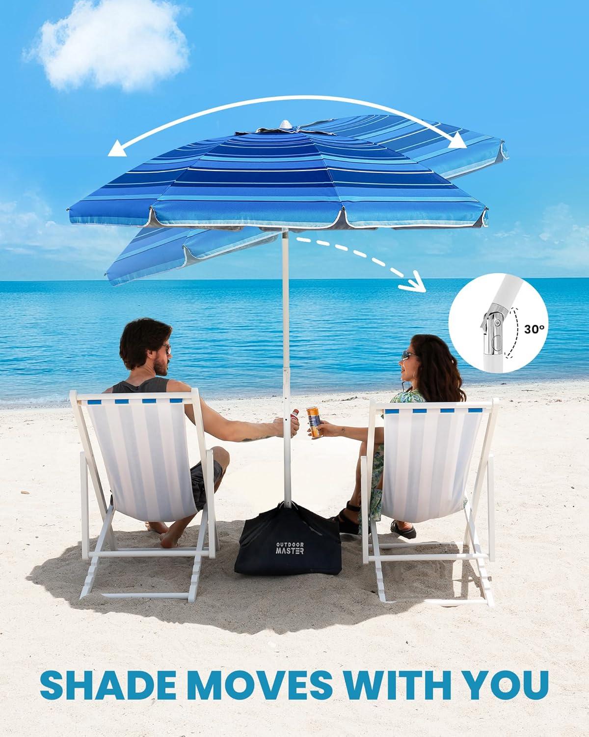imageOutdoorMaster Beach Umbrellas for Sand with Sandbag amp Anchor 72ft Adjustable Umbrella for Beach Heavy Duty Wind Portable UPF50 Sunshade with Carry Bag for PatioDark Blue Striped Simple