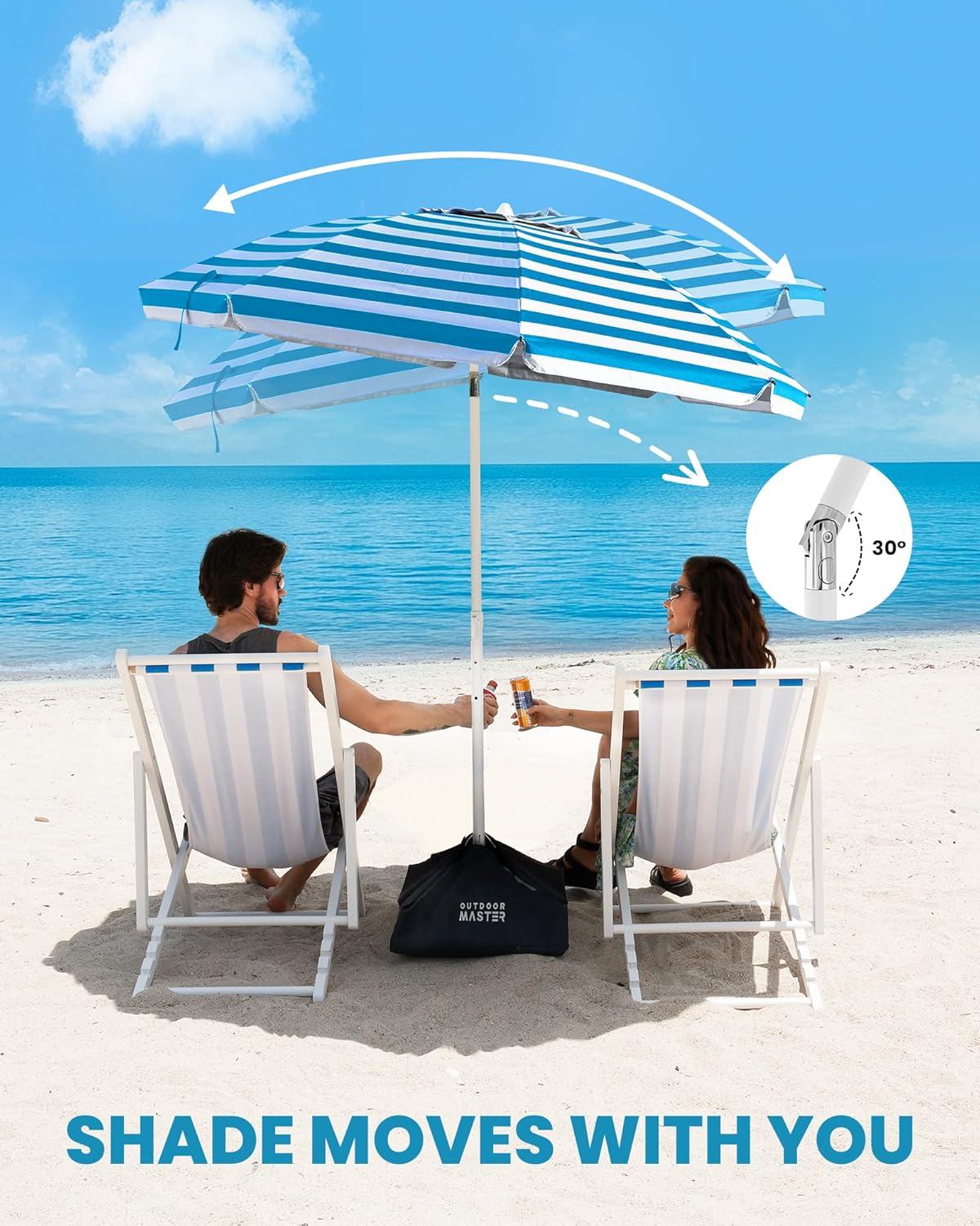 imageOutdoorMaster Beach Umbrellas for Sand with Sandbag amp Anchor 72ft Adjustable Umbrella for Beach Heavy Duty Wind Portable UPF50 Sunshade with Carry Bag for PatioBBlue Striped Simple