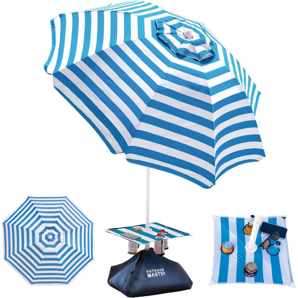 imageOutdoorMaster Beach Umbrellas for Sand with Sandbag amp Anchor 72ft Adjustable Umbrella for Beach Heavy Duty Wind Portable UPF50 Sunshade with Carry Bag for PatioBlue Striped Cup Holder
