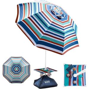 OutdoorMaster Beach Umbrellas for Sand with Sandbag & Anchor, 7.2ft Adjustable Umbrella for Beach Heavy Duty Wind, Portable UPF50+ Sunshade with Carry Bag for Patio(Blue Red Striped Cup Holder)