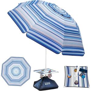 OutdoorMaster Beach Umbrellas for Sand with Sandbag & Anchor, 7.2ft Adjustable Umbrella for Beach Heavy Duty Wind, Portable UPF50+ Sunshade with Carry Bag for Patio(Blue White Striped Cup Holder)