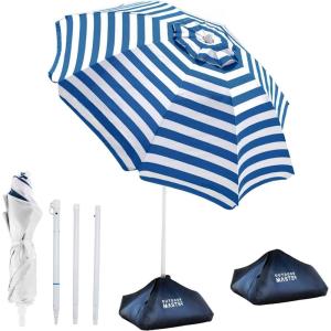OutdoorMaster Beach Umbrellas for Sand with Sandbag & Anchor, 7.2ft Adjustable Umbrella for Beach Heavy Duty Wind, Portable UPF50+ Sunshade with Carry Bag for Patio(A-Gray Striped Dual- Fold)