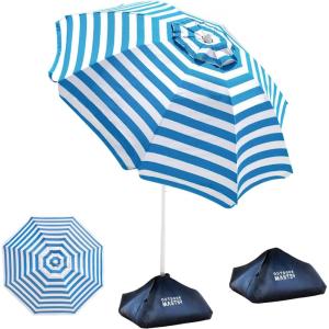 OutdoorMaster Beach Umbrellas for Sand with Sandbag & Anchor, 7.2ft Adjustable Umbrella for Beach Heavy Duty Wind, Portable UPF50+ Sunshade with Carry Bag for Patio(B-Blue Striped Simple)