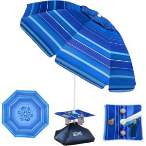 OutdoorMaster Beach Umbrellas for Sand with Sandbag & Anchor, 7.2ft Adjustable Umbrella for Beach Heavy Duty Wind, Portable UPF50+ Sunshade with Carry Bag for Patio(Dark Blue Striped Cup Holder)
