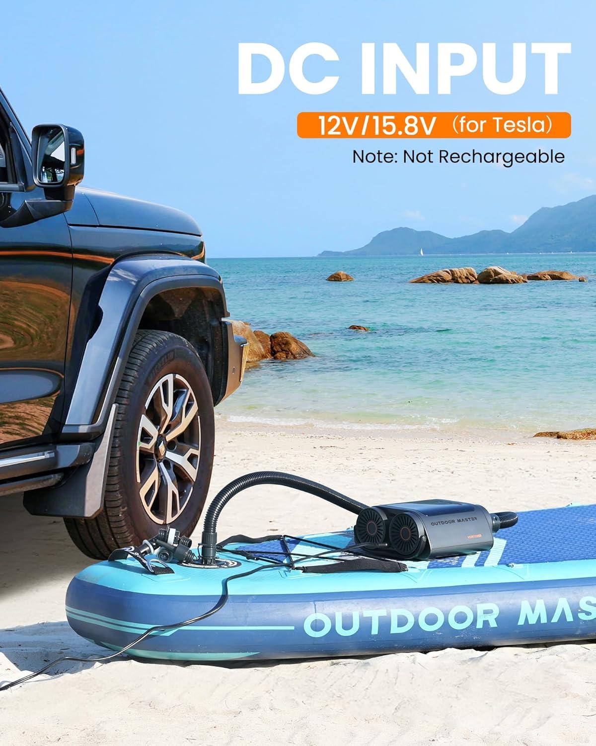 imageOutdoorMaster Vortex Paddle Board Pump Electric Portable Max 20PSI SUP Air Pump Inflator amp Deflator 12V158V DC Input Auto Off amp Cooling 8 Nozzles Pump for Paddle Board Inflatables No Battery