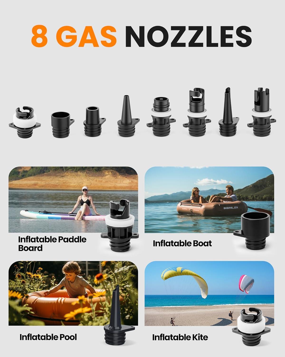 imageOutdoorMaster Vortex Paddle Board Pump Electric Portable Max 20PSI SUP Air Pump Inflator amp Deflator 12V158V DC Input Auto Off amp Cooling 8 Nozzles Pump for Paddle Board Inflatables No Battery