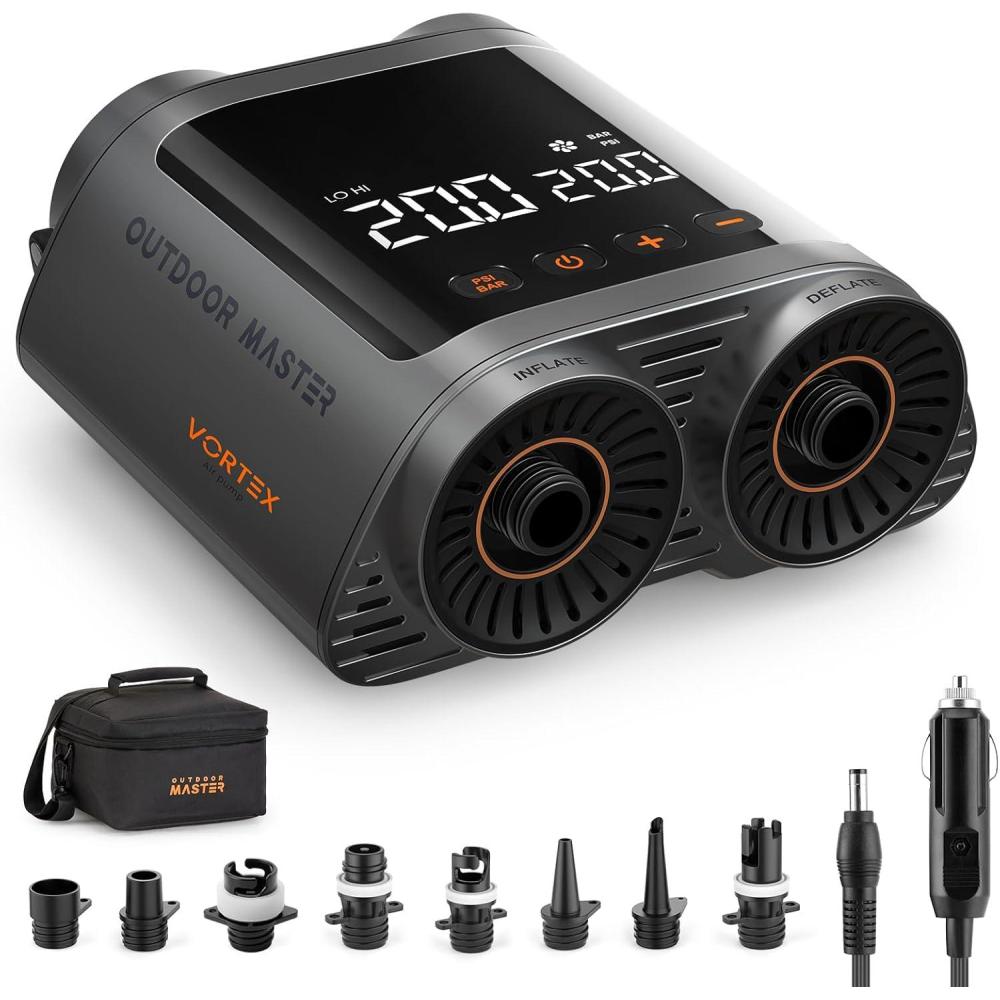 imageOutdoorMaster Vortex Paddle Board Pump Electric Portable Max 20PSI SUP Air Pump Inflator amp Deflator 12V158V DC Input Auto Off amp Cooling 8 Nozzles Pump for Paddle Board Inflatables No Battery