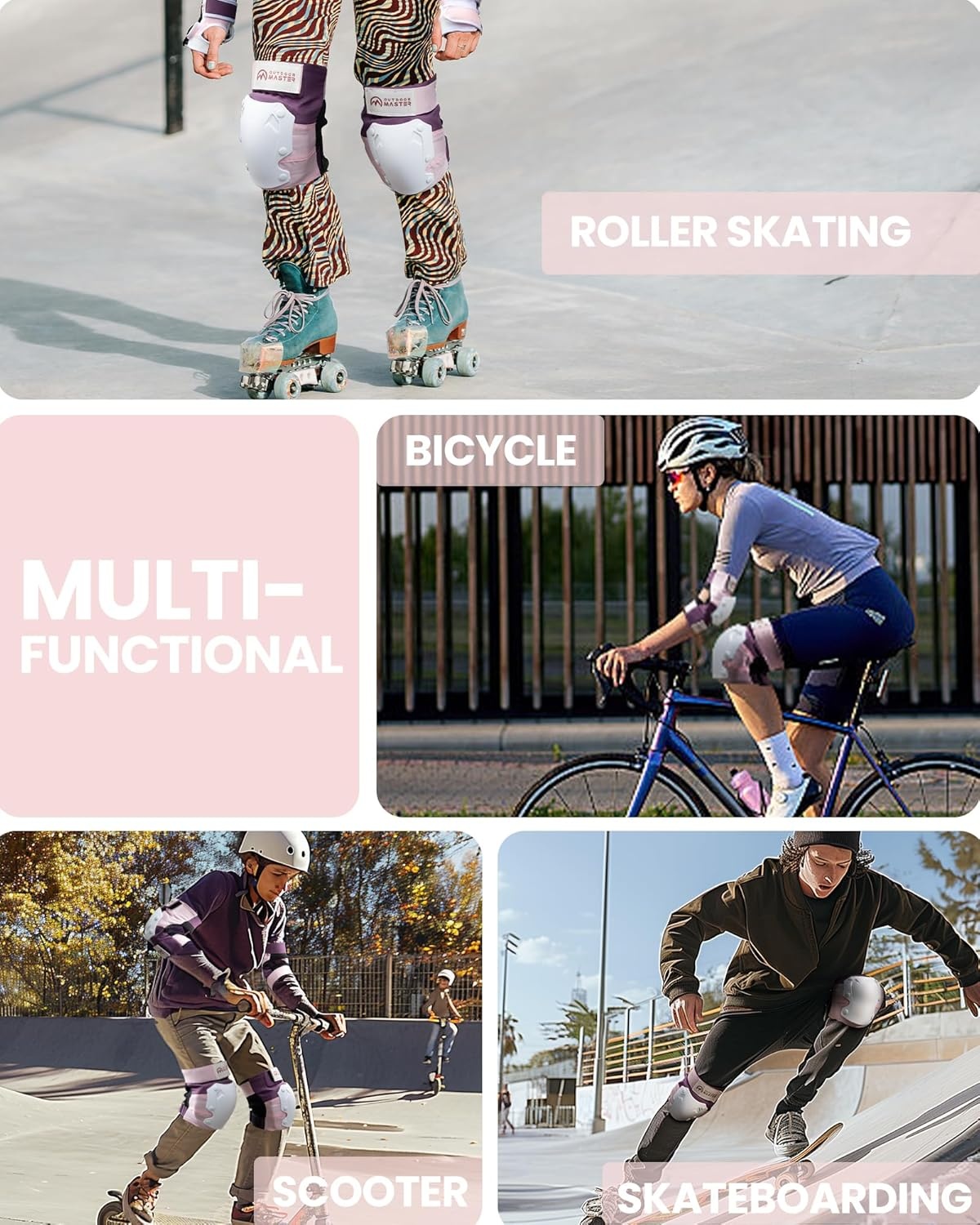 image:imageOutdoorMaster Knee Pads for Skating Knee and Elbow Pads for Adult ampYouth Skateboard Protective Gear with Wrist Guards 3 in 1 Saver Series for SkatePink