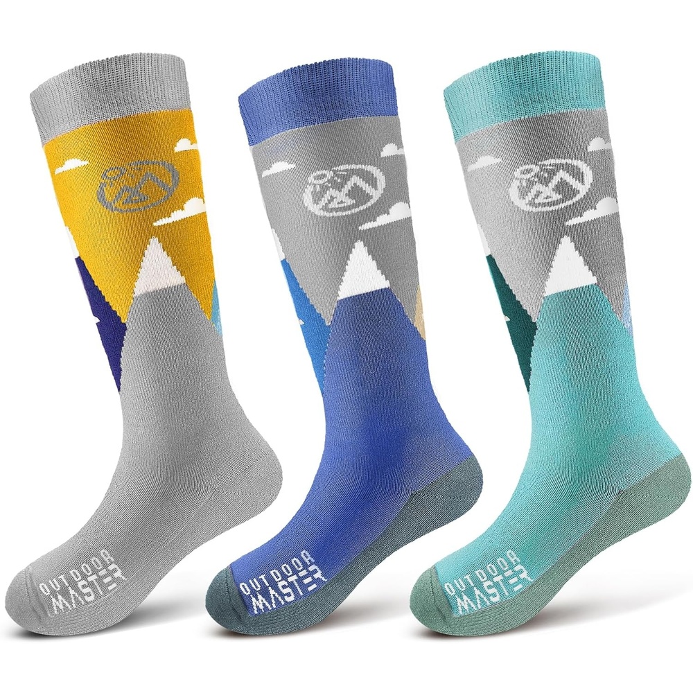 image:imageOutdoorMaster Merino Wool Ski Socks for Kids Boys amp Girls Thermal Winter Warm Snowboarding Socks for Cold WeatherDust Gray Blue Mountains Woodland Green