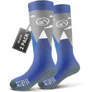 OutdoorMaster Merino Wool Ski Socks for Kids, Boys & Girls, Thermal Winter Warm Snowboarding Socks for Cold Weather(Blue Mountains – 2 Pack)