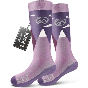 OutdoorMaster Merino Wool Ski Socks for Kids, Boys & Girls, Thermal Winter Warm Snowboarding Socks for Cold Weather(Purple Gray)